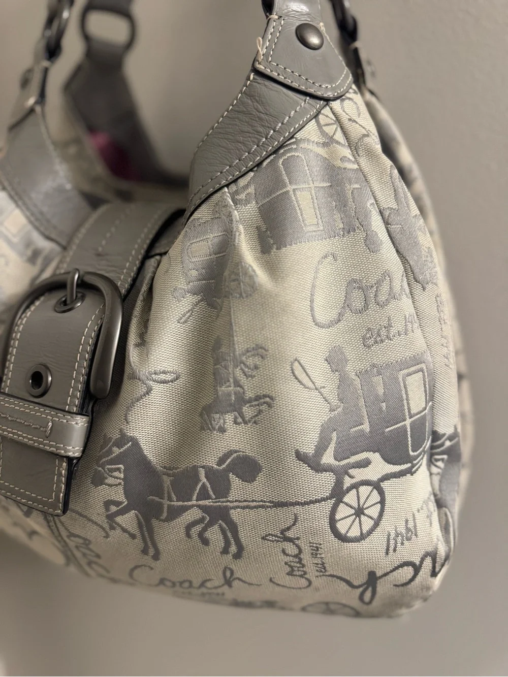 Coach Gray & Cream Signature Canvas Shoulder Bag PINK Lined
